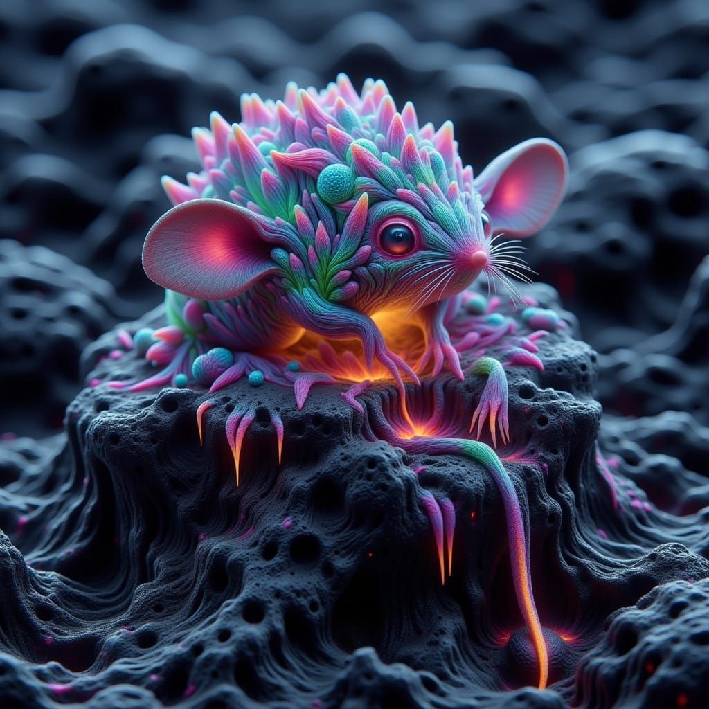 Surreal Biomechanical Chibi Mouse Blooms from Obsidian Islan...