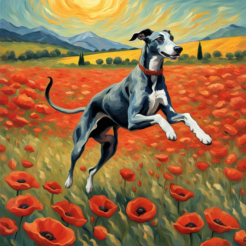 Greyhound running through a poppy field…with one tail 😜