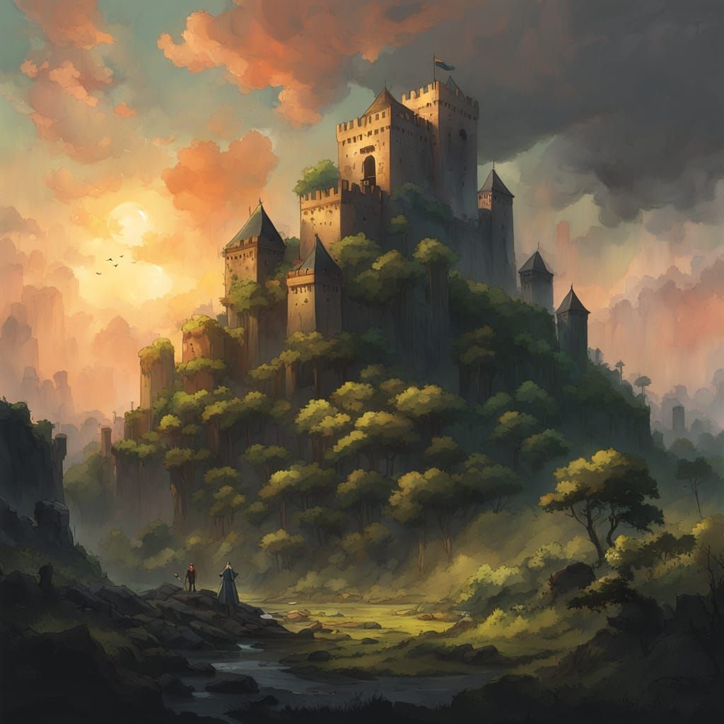 Ancient Castle in Emerald Forest at Sunset