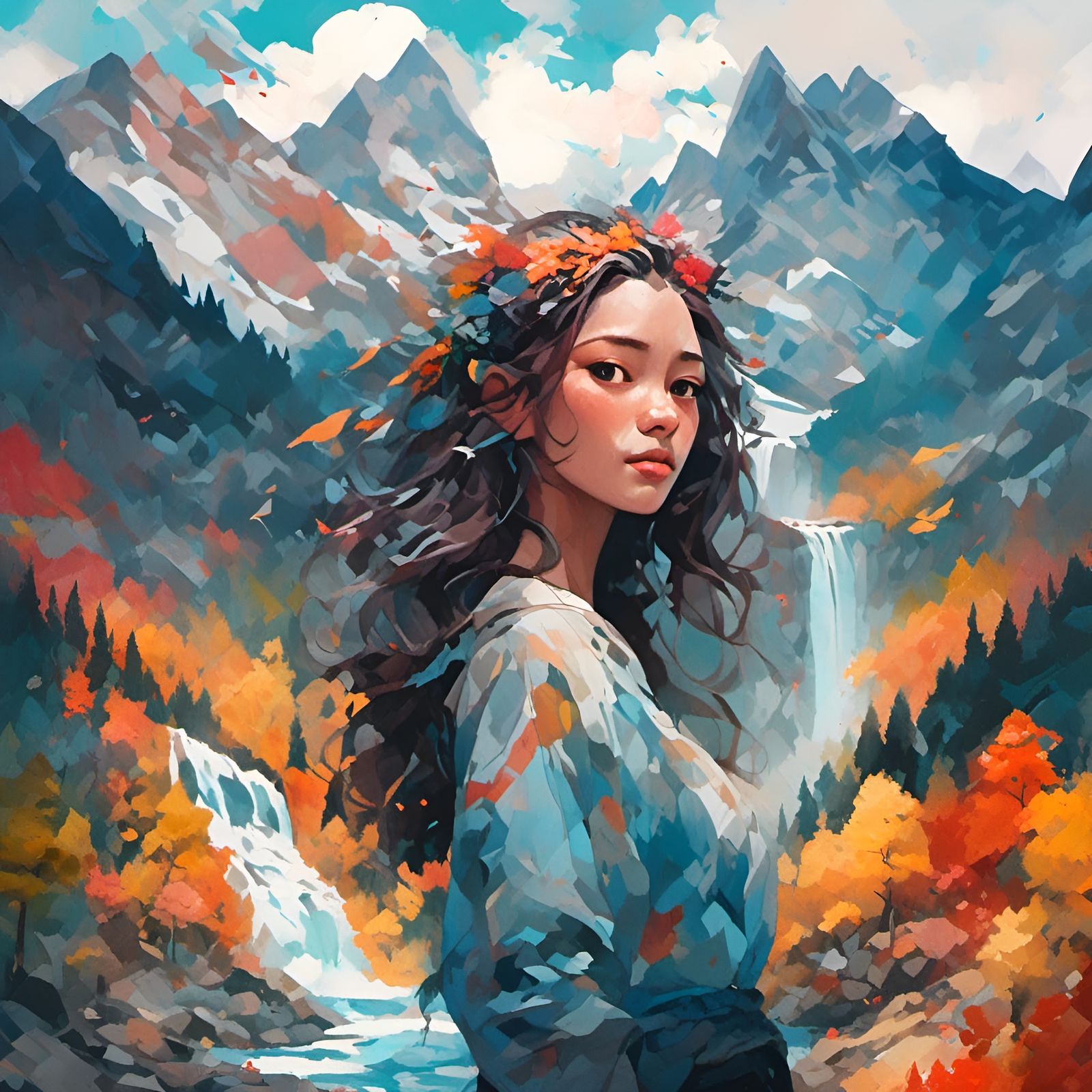 Woman with Waterfall Hair in Gouache Style