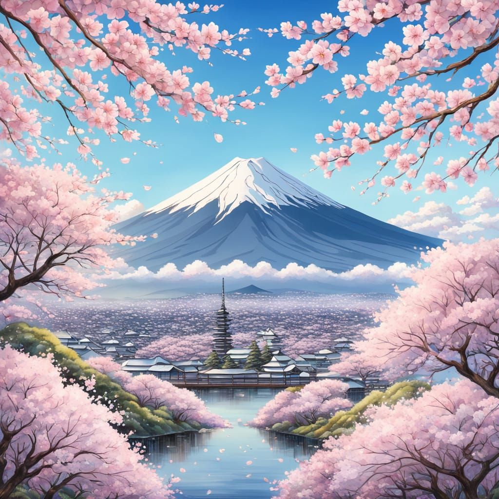 Cherry Blossoms Frame Majestic Mount Fuji in Soft Pastels