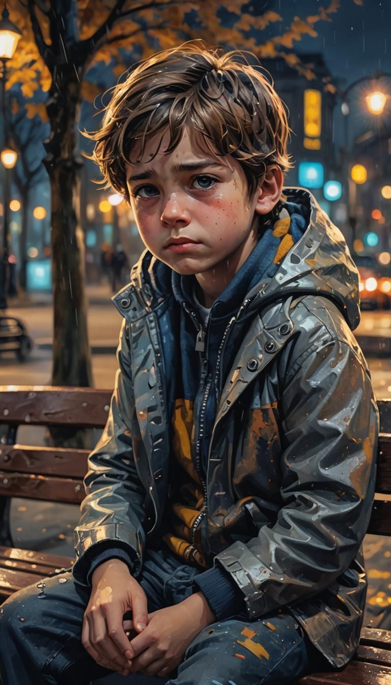 Boy on Bench at Night: Hyperrealistic Splash Art