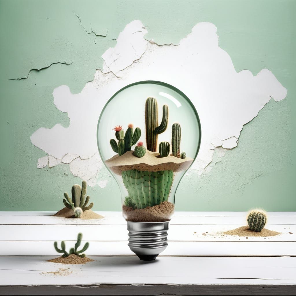 Desert Terrarium Inside Lightbulb: Surreal Realism