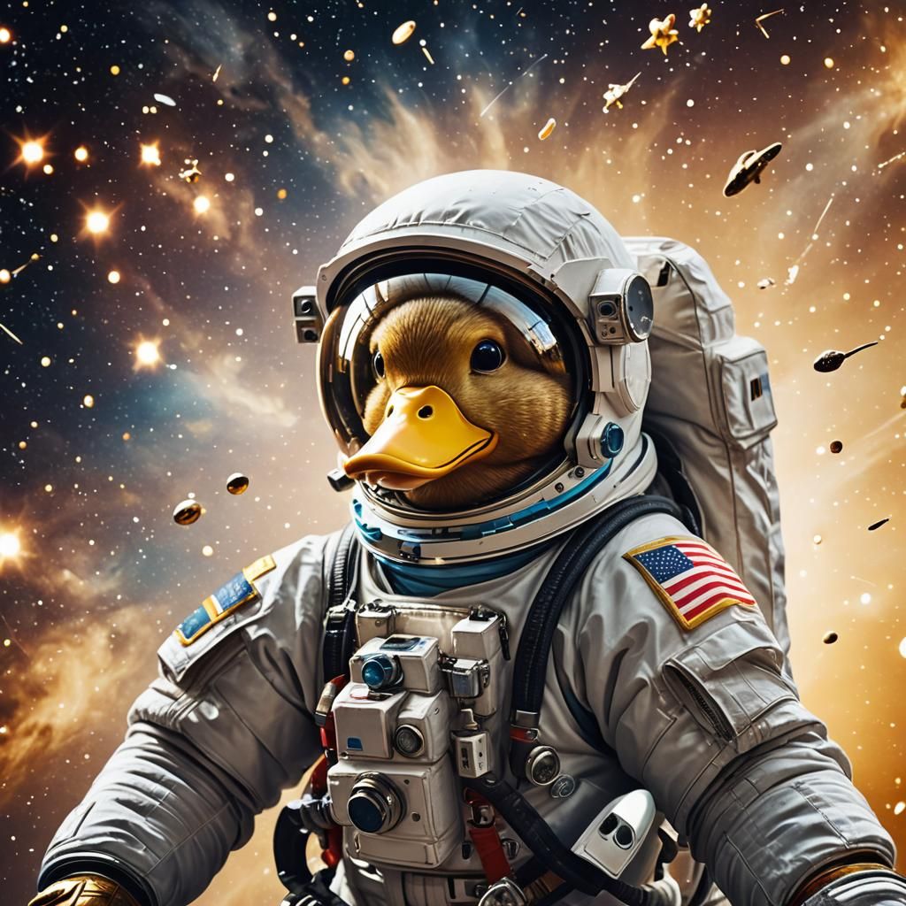 Astronaut Duck Spacewalk in Macro Photography Style