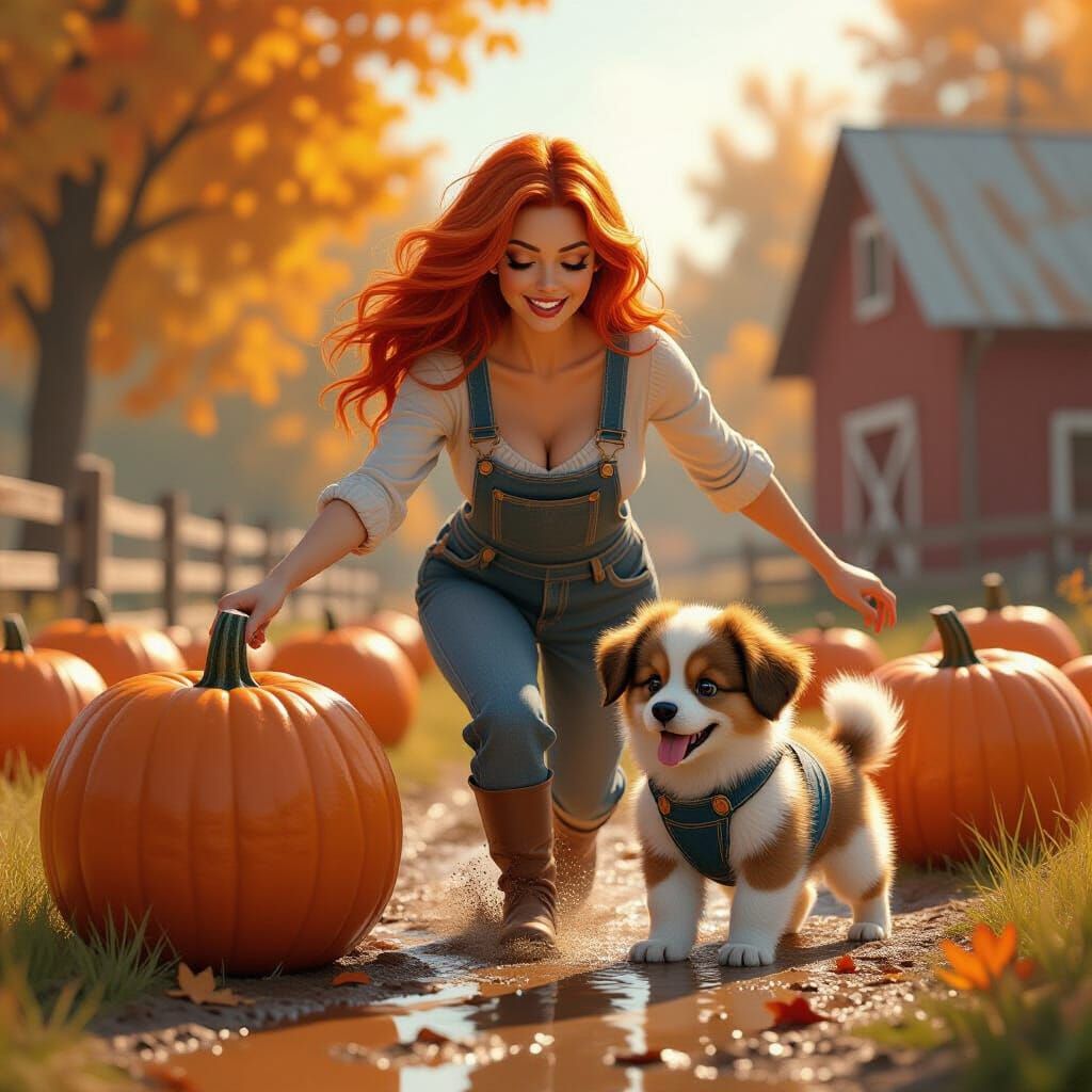 Orange Haired Woman Herds Pumpkins With Puppy