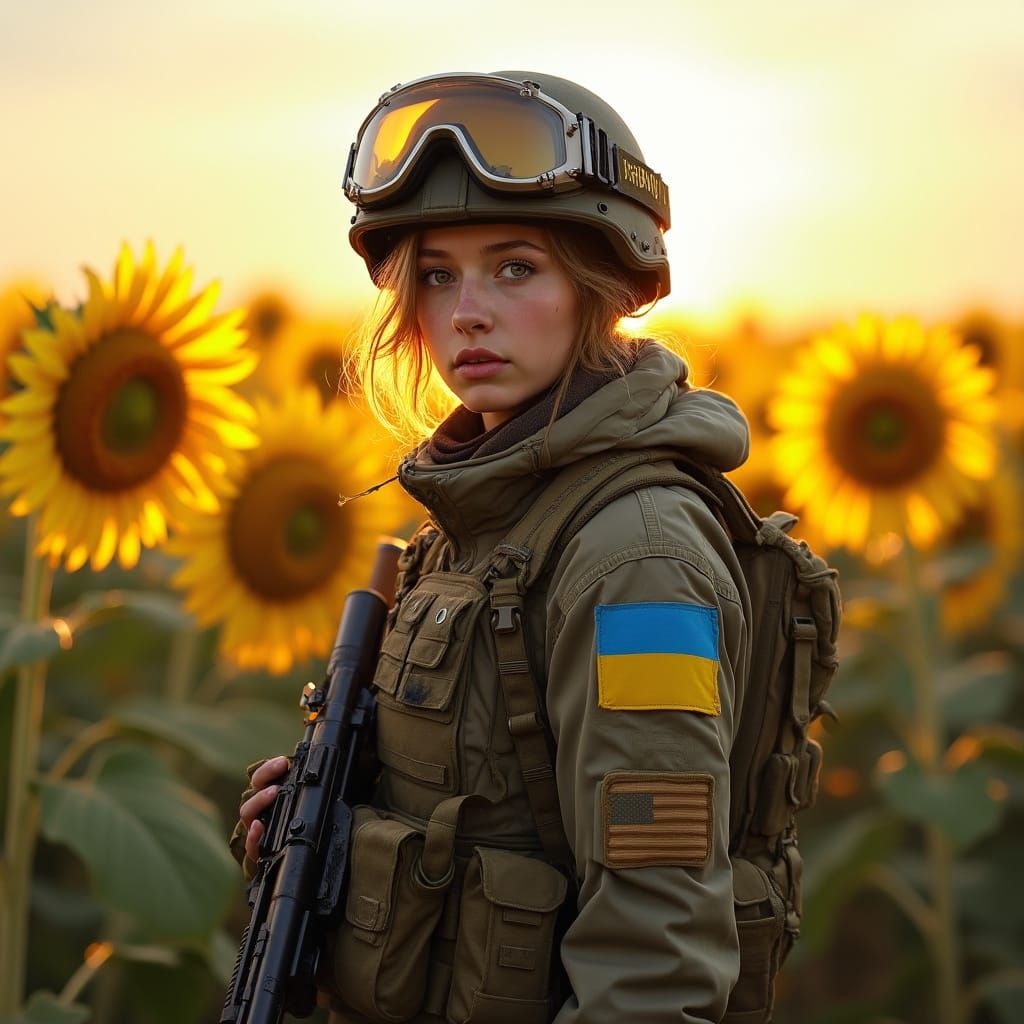 Young Ukrainian Warrior Stands Tall in Sunflower Field