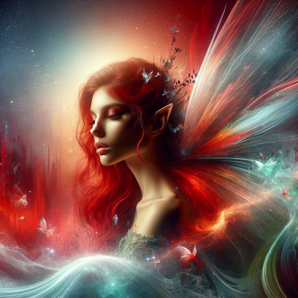 Red-Haired Fairy in Enchanted Double Exposure Landscape