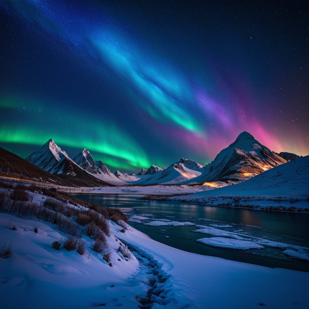 Icy Tundra Starry Night Sky Landscape