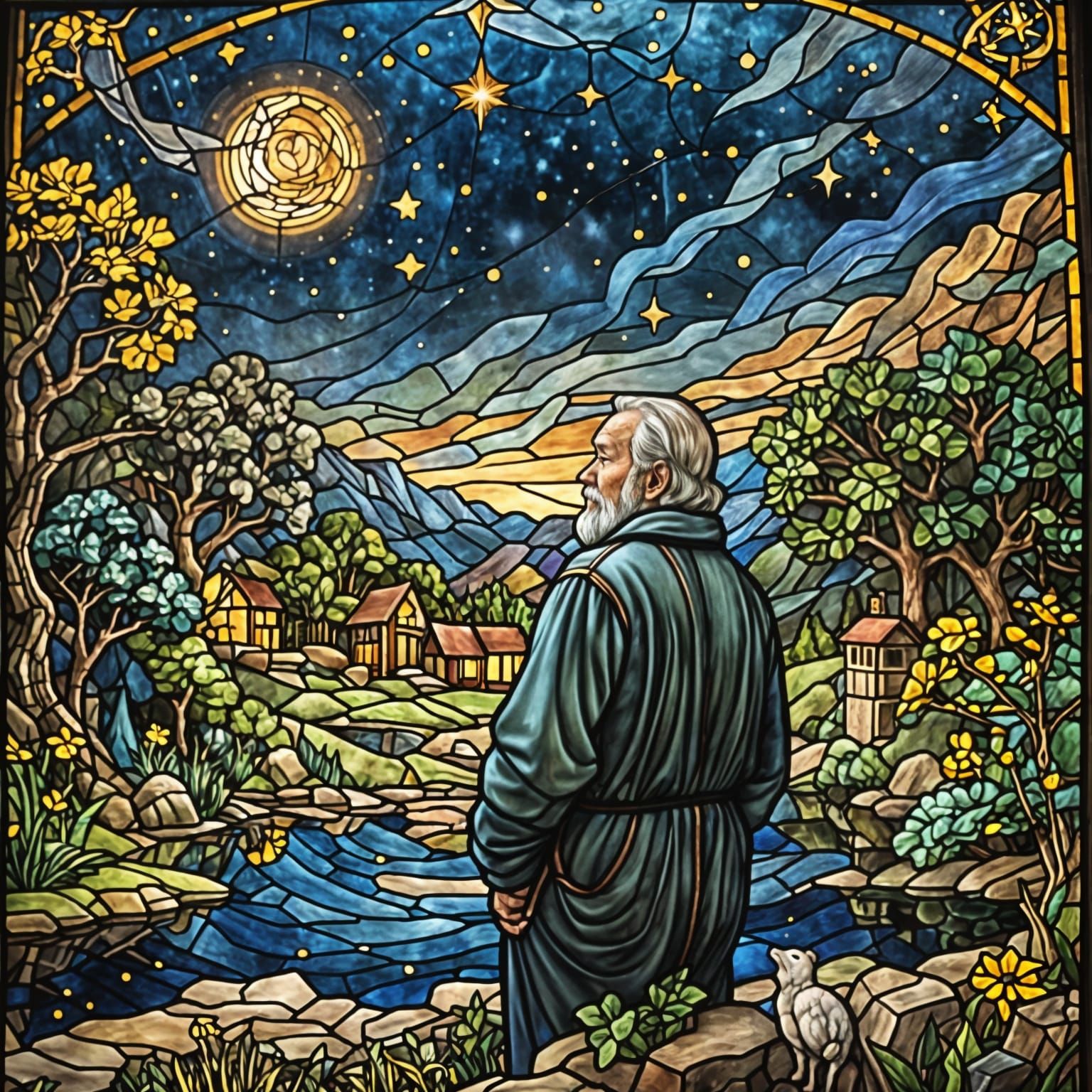 Stained Glass Window of Stargazing Man