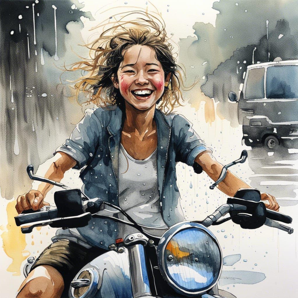 Joyful Girl's Motorcycle Ride: Watercolor Portrait