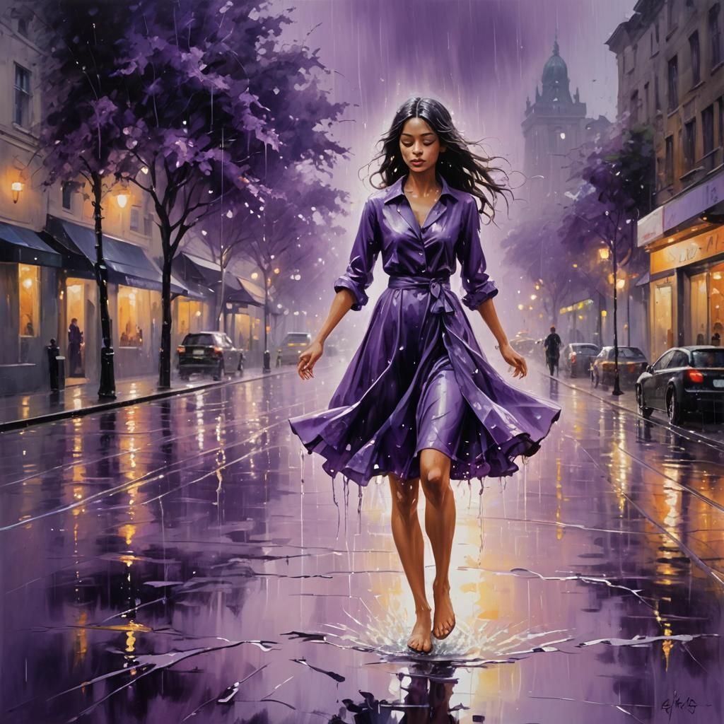 Dreamlike Figure Dances in Purple Rain, Impressionistic Styl...