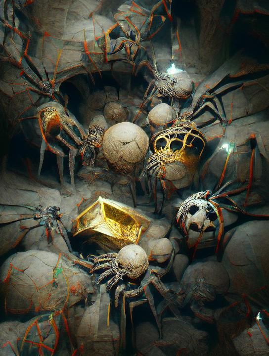 Spiders Crawling Over Treasure in Catacombs