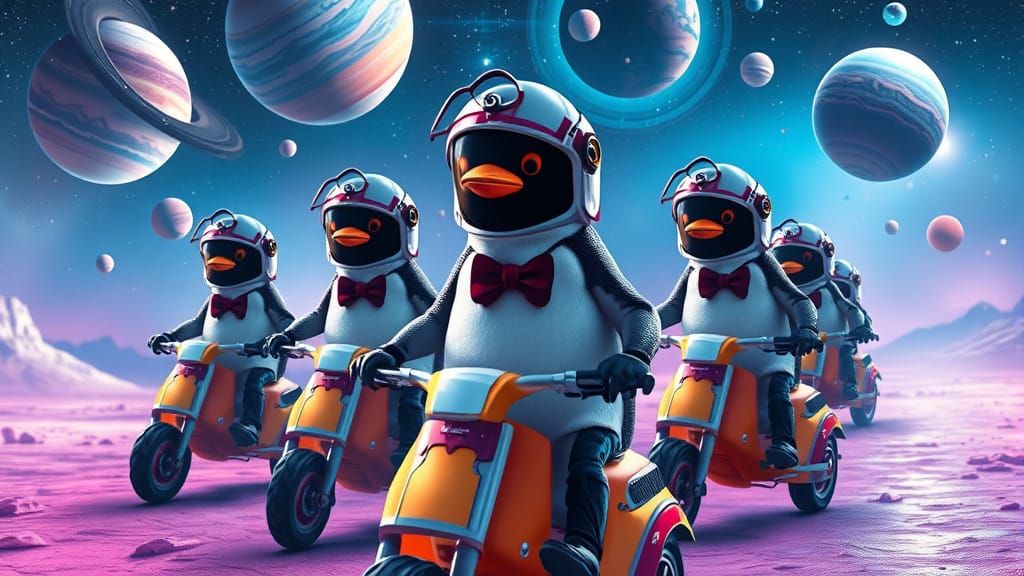 Penguins in Suits on Hover Scooters