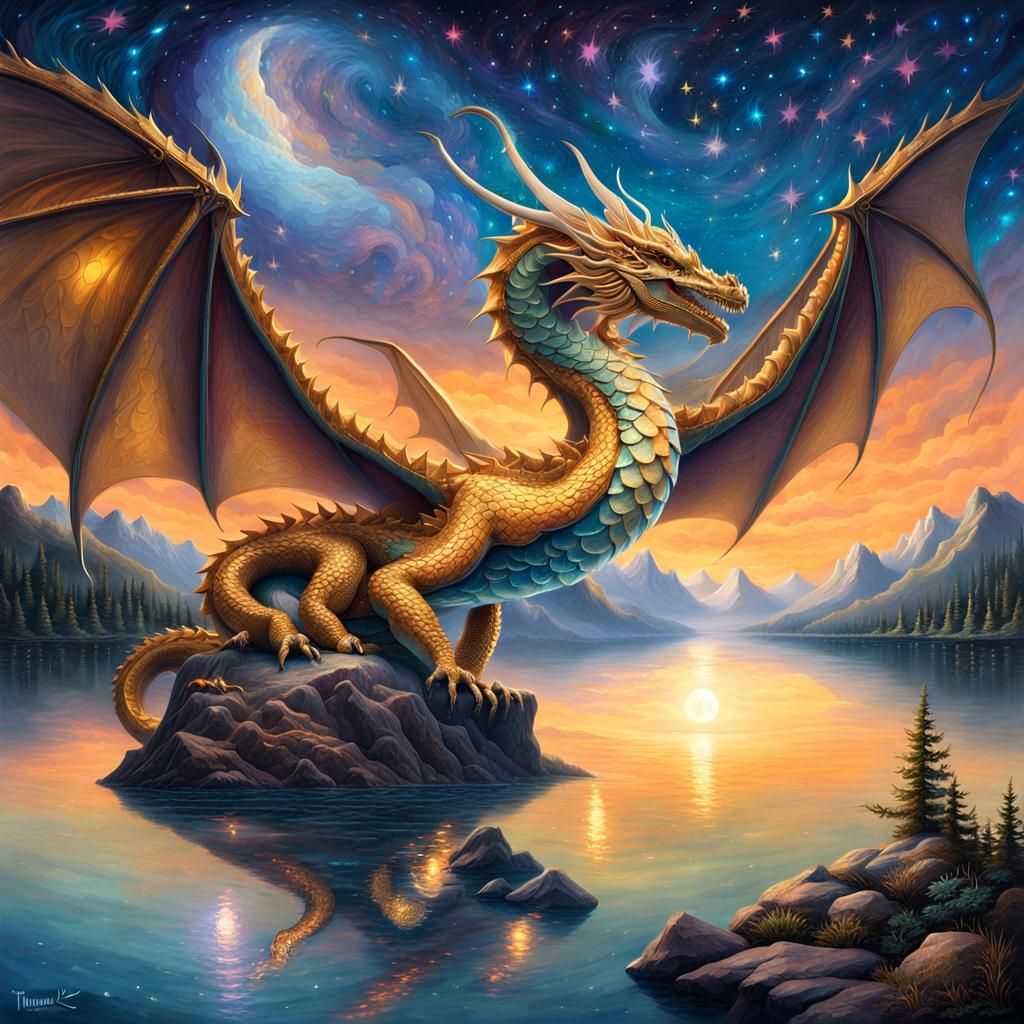 Dragon over Lake at Night in Oil Painting Style