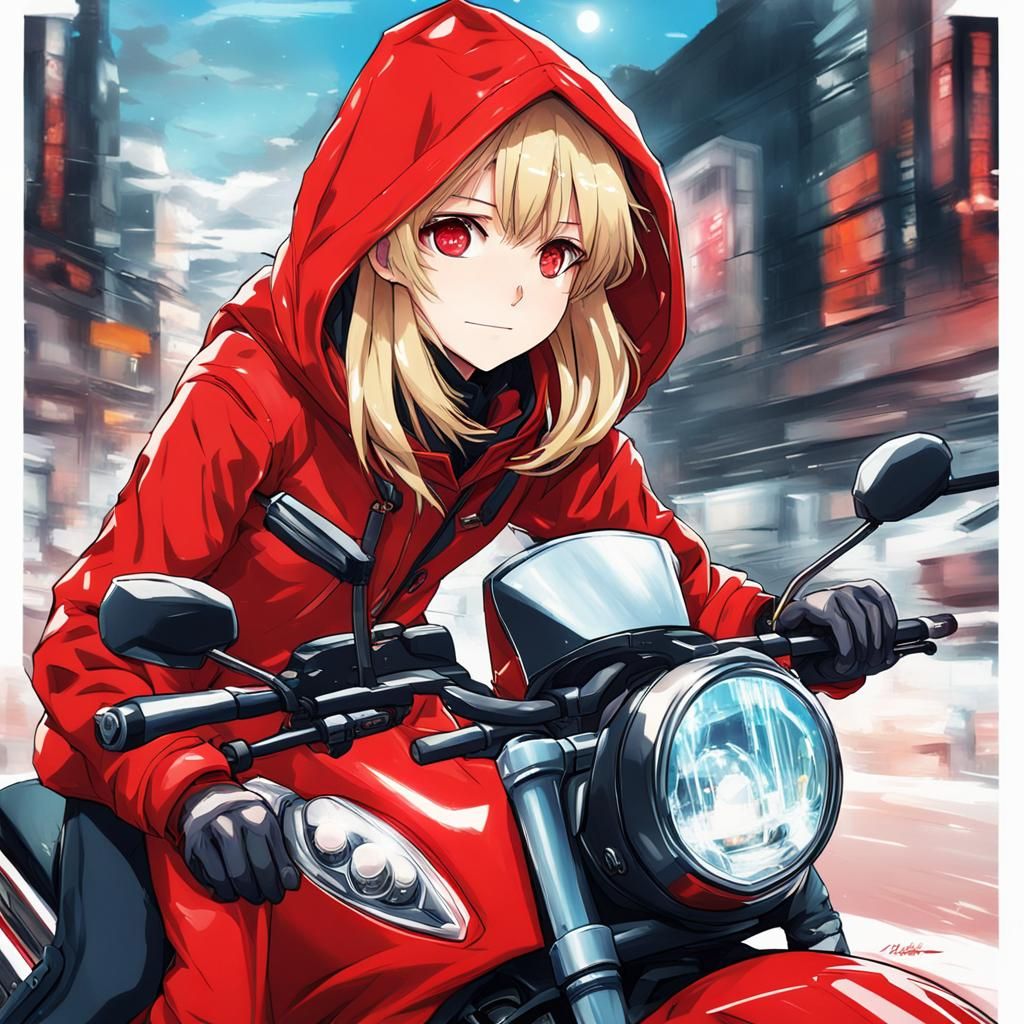Anime Woman on Motorcycle in Red Coat
