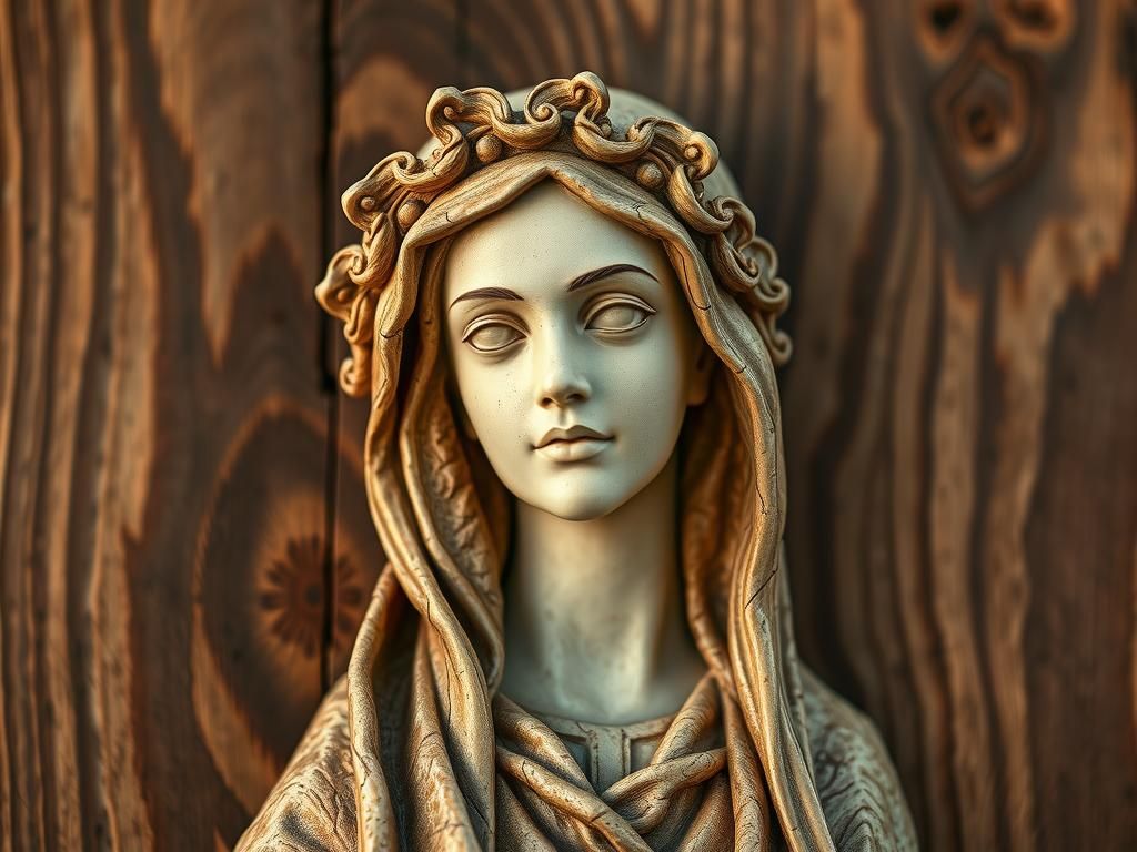 Gothic Virgin Mary Carving on Wood Plank