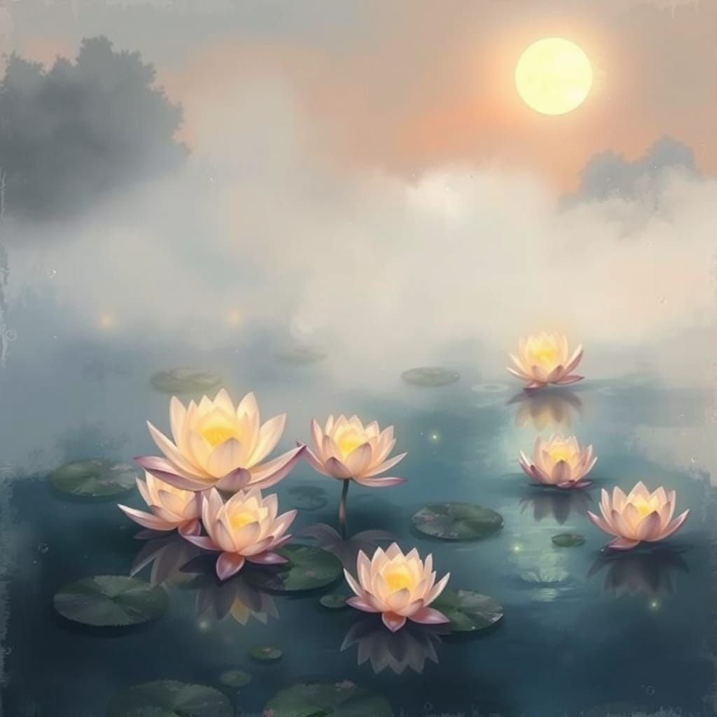 Ethereal Pond Scene with Glowing Lotus Flowers at Twilight
