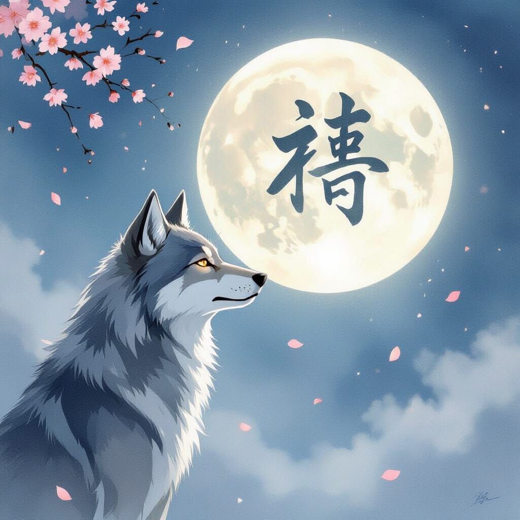 Wise Wolf-Dog Gazing at Moon in Watercolor Ghibli Style