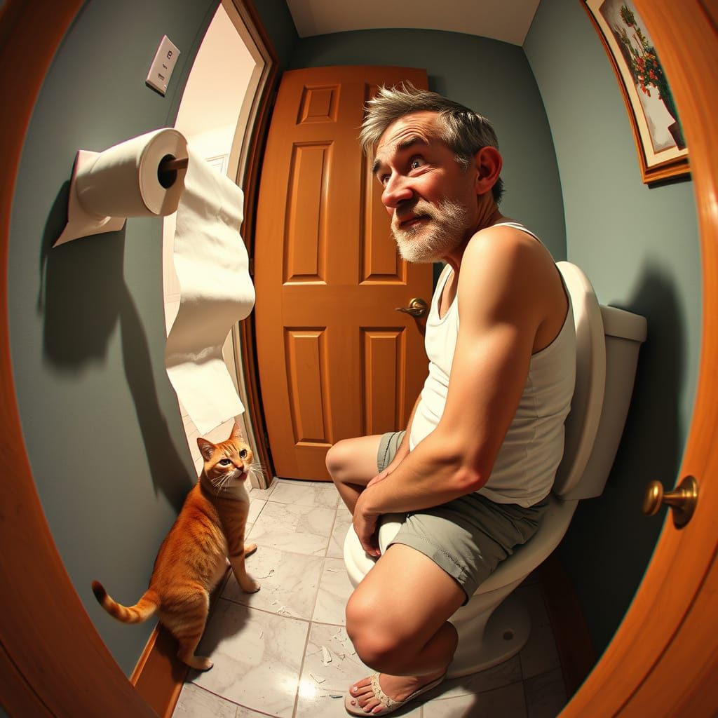 Grotesque Man's Horror at Shredded Toilet Paper