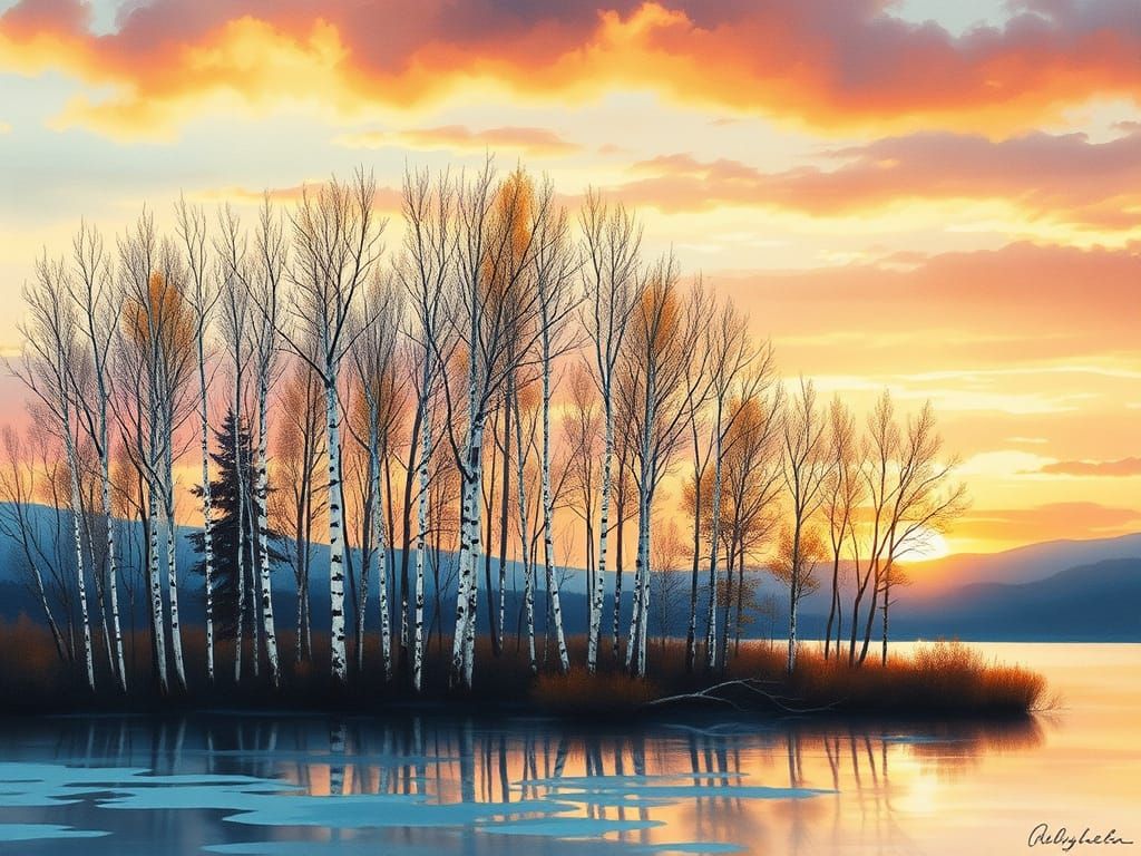 Birch Trees in Vibrant Sunset, Watercolor Style