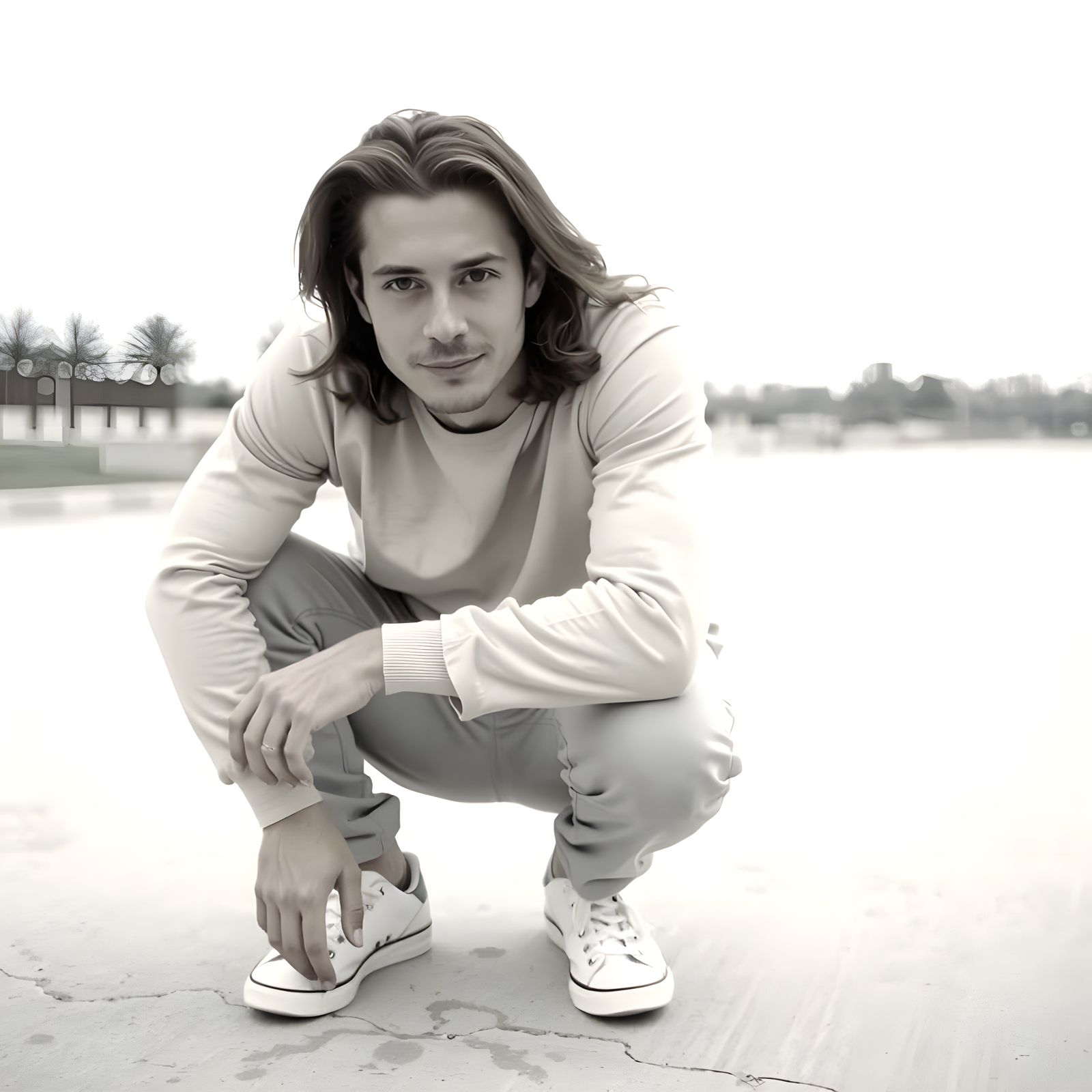 Man in Crouched Pose, Vintage Photo Style