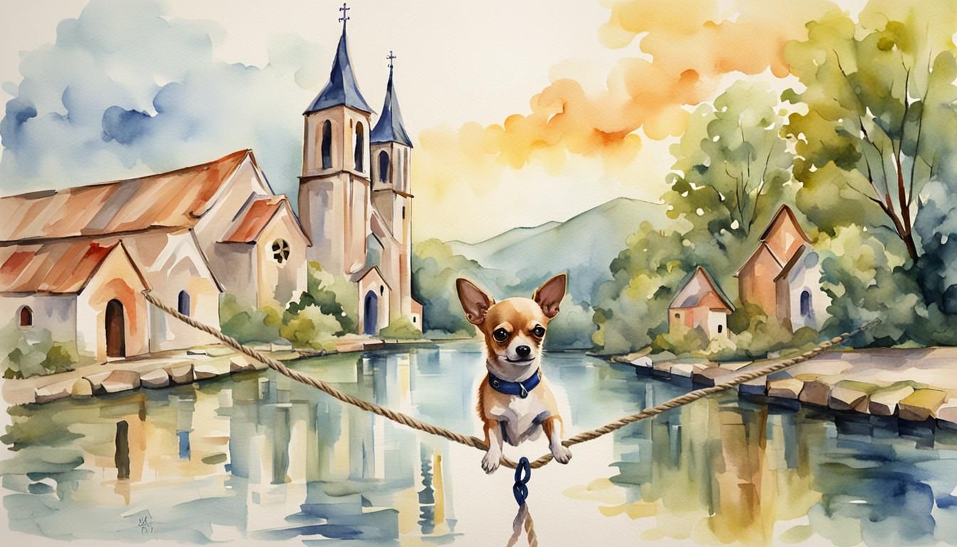 Chihuahua Balances on Rope: Watercolor Painting