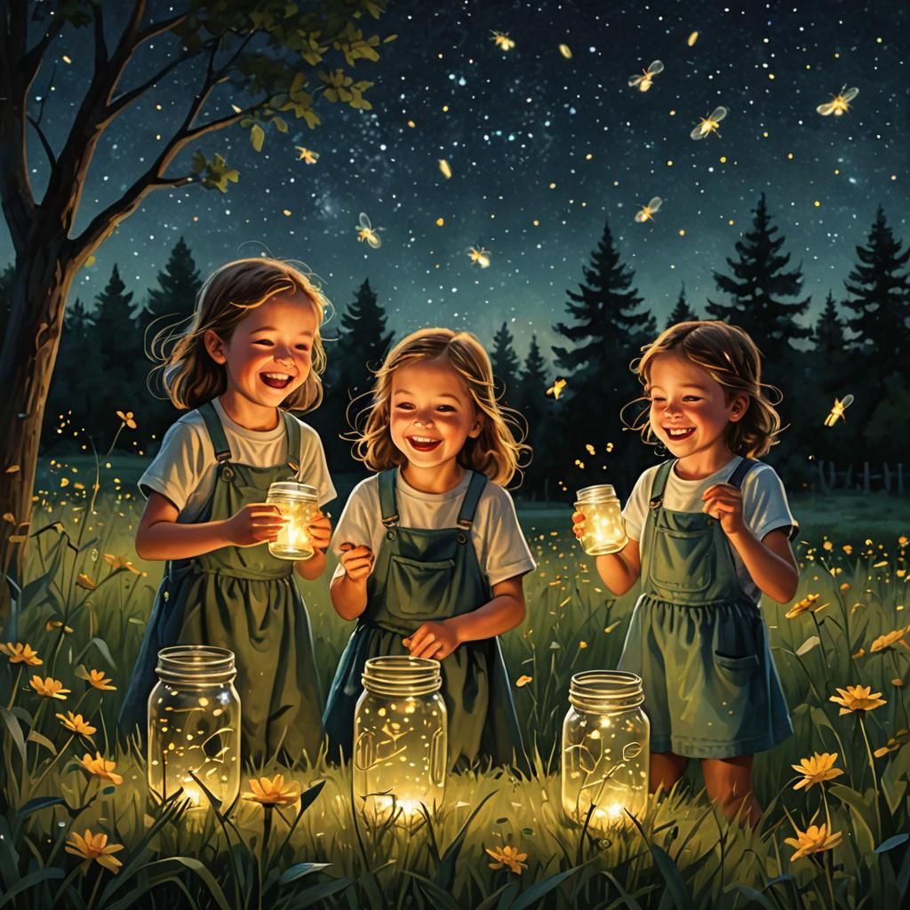 Children Catching Fireflies on a Summer Night
