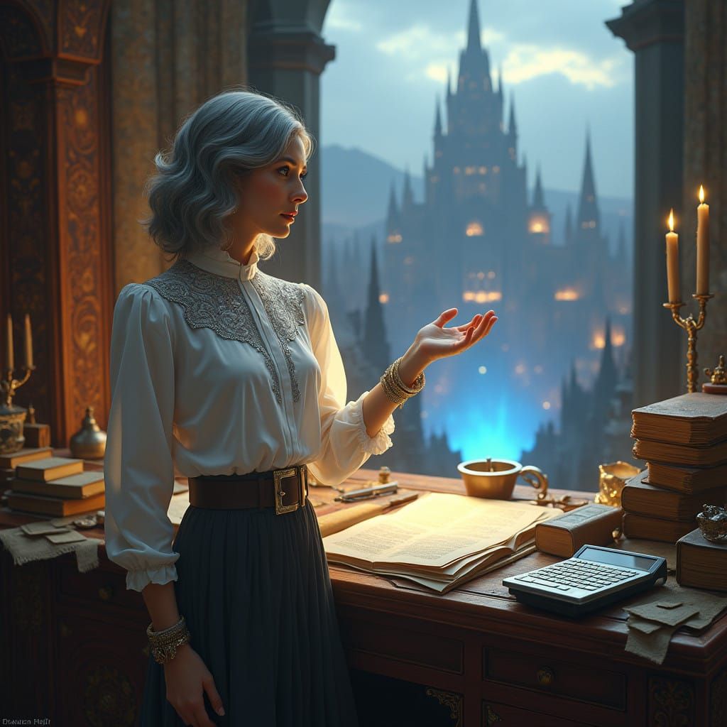 Elegant Woman in Golden Light, Gesturing to Mystical Citysca...