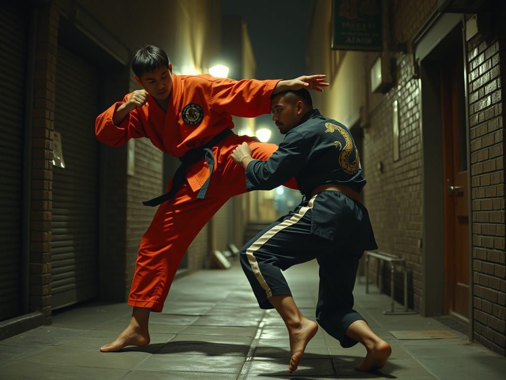 Matrix-Style Karate Fight in Dark Alley
