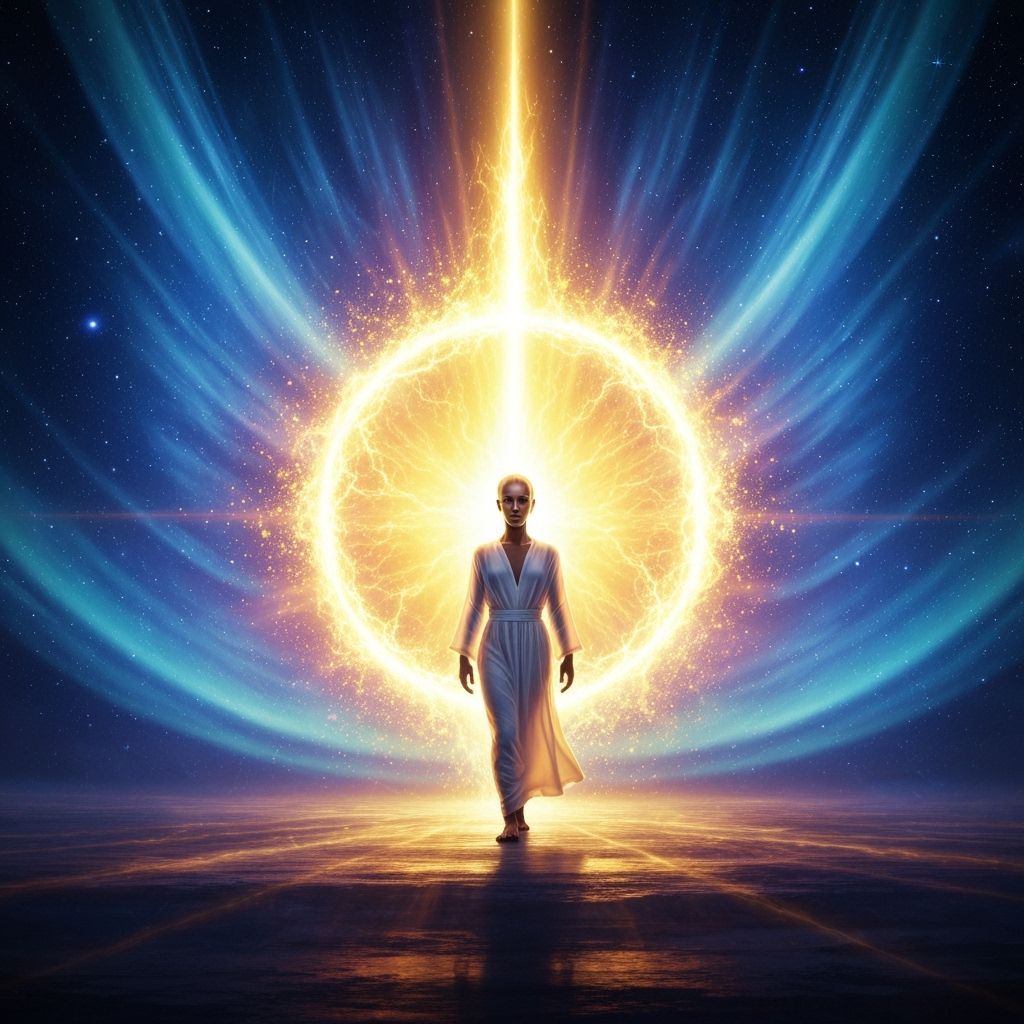 Enlightened Figure Emerges from Golden Portal