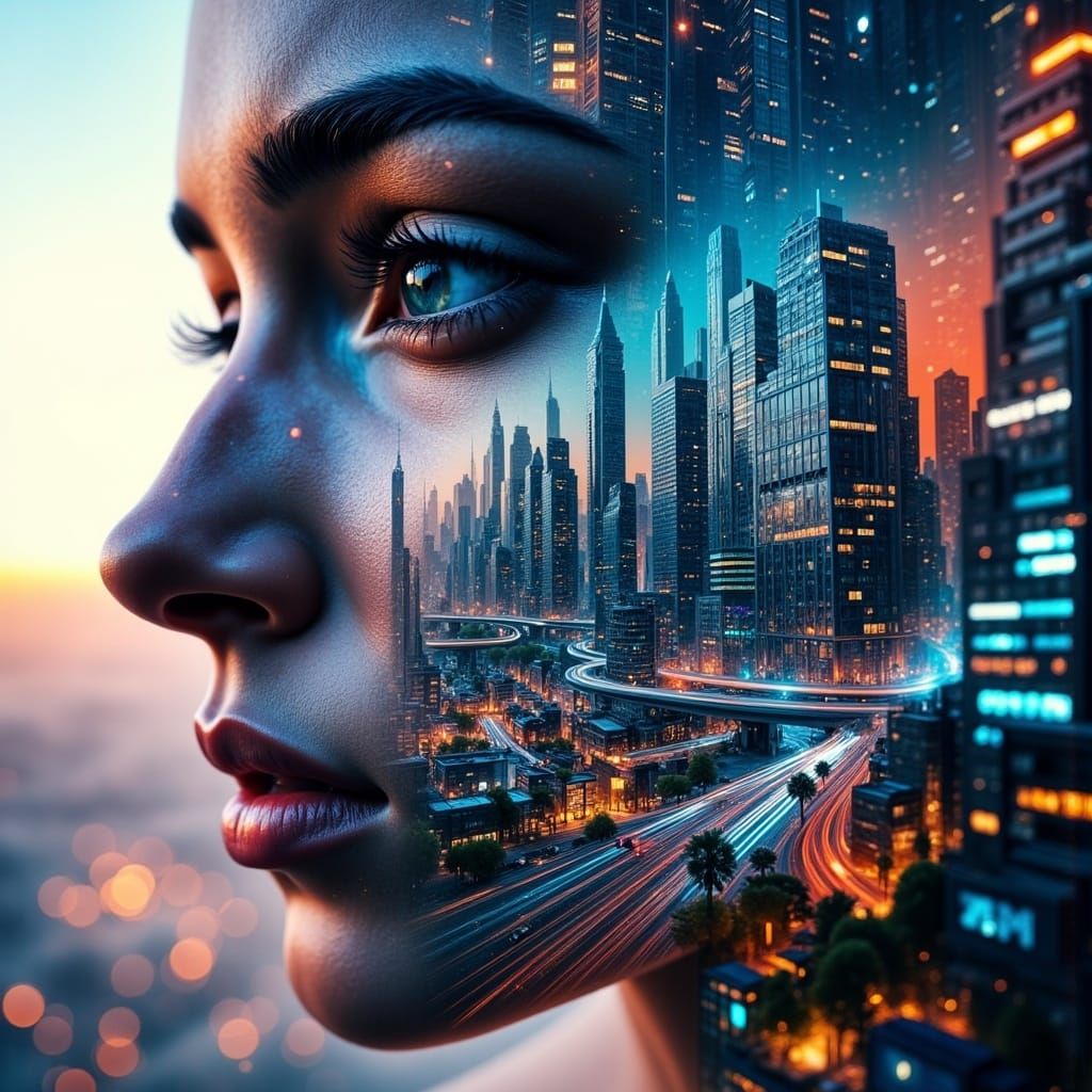 Eye Merged with Cyberpunk Cityscape in Double Exposure