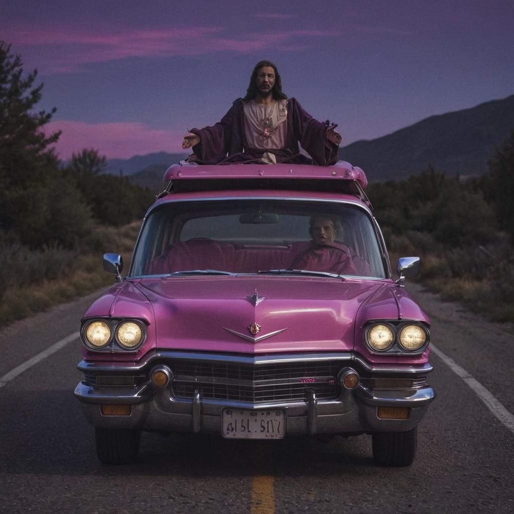Pink Cadillac Road Trip at Blue Hour