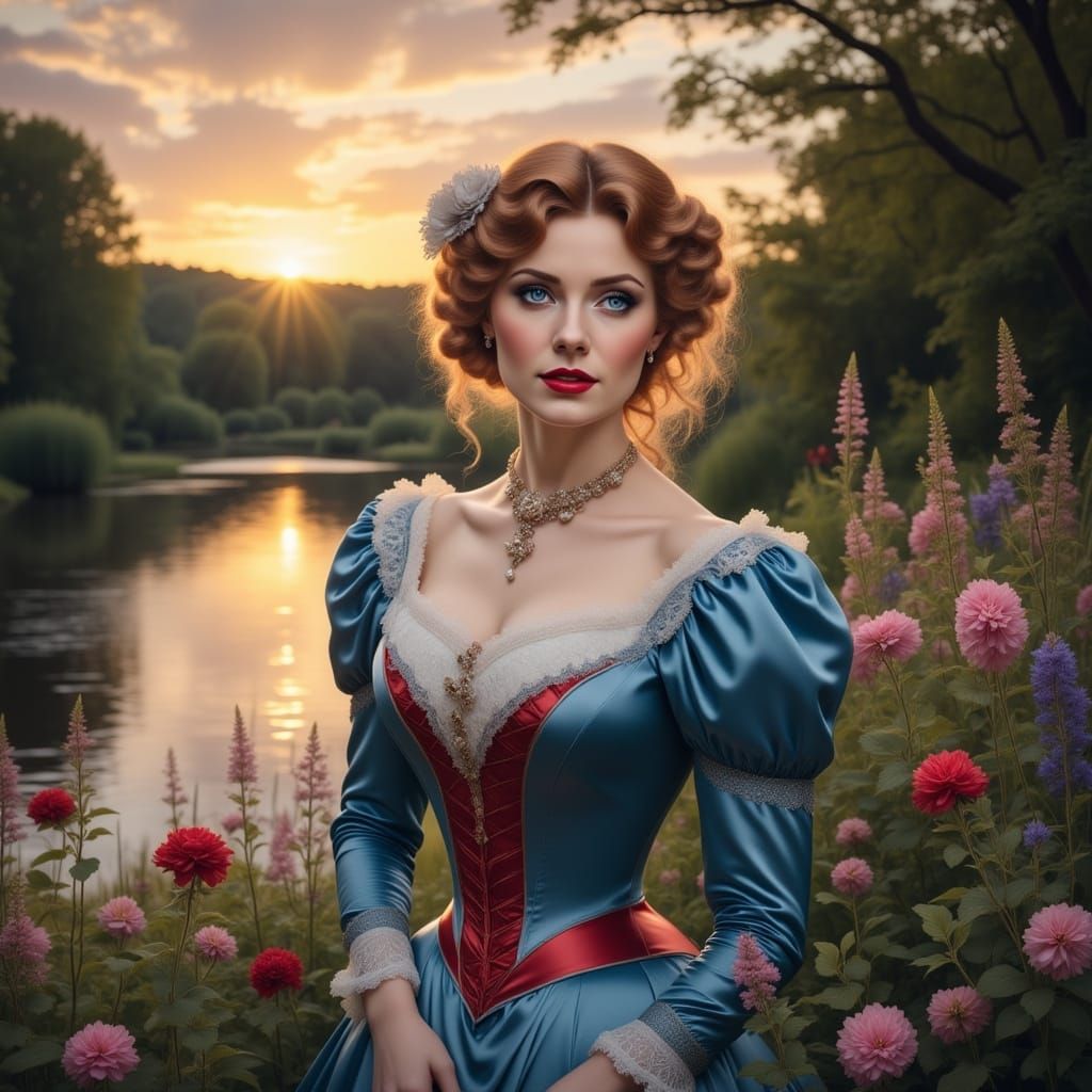 Victorian Woman in Sunset: A Pre-Raphaelite Oil Painting