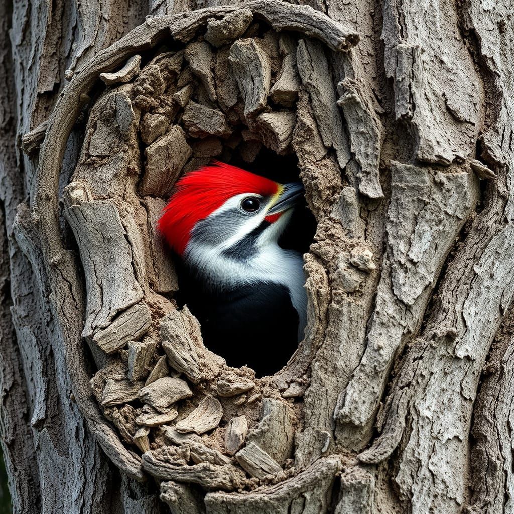 Woodpecker in Tree Hole, Red Headed Bird Reveals