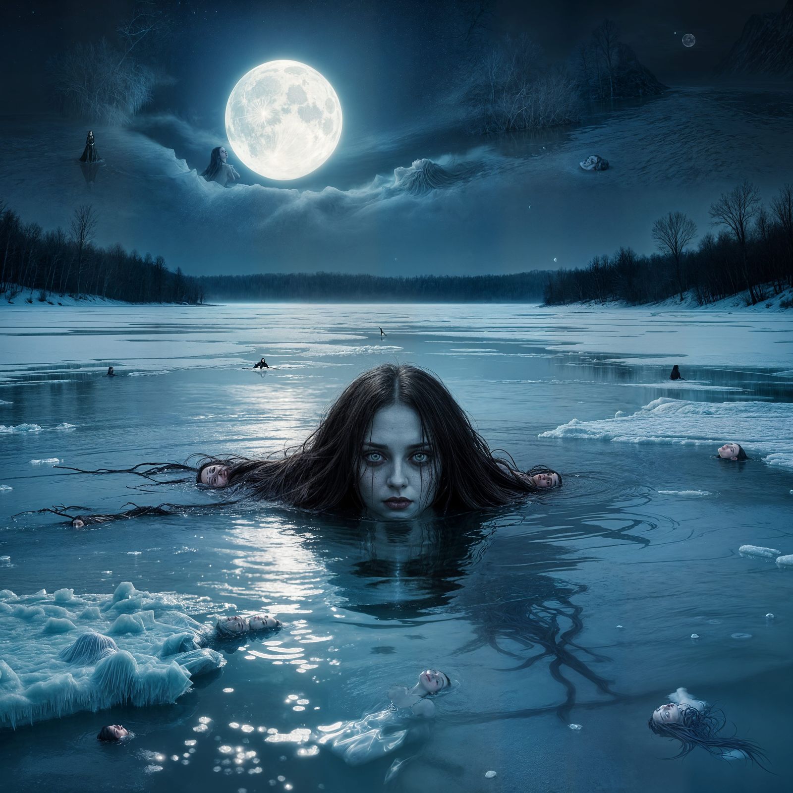 Frozen Lake Under Eerie Moonlight with Drowning Witch