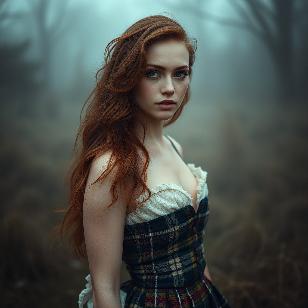 Woman in Tartan Skirt in Hyperrealistic Style