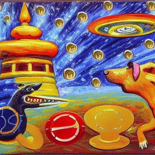 Dogs Gamble in Space: Neo-Impressionist Oil Painting