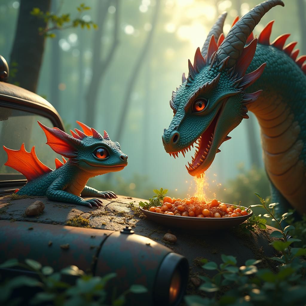 Baby Dragon Watches Feast in Mystical Forest