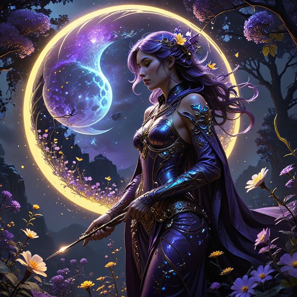 Celestial Gardener Tending Bioluminescent Moon Garden in Art...