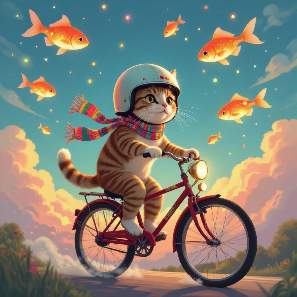 Cat Rides Bicycle Through Luminous Sky