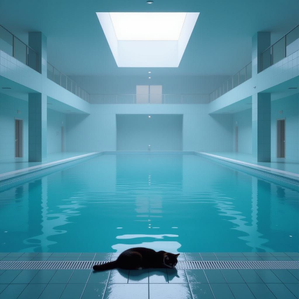 Endless Indoor Pool With Sleeping Cat in Foggy Liminal Space