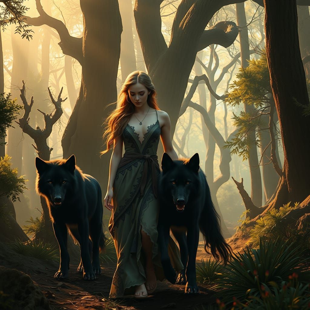 Woman and Wolf in Mystical Forest, Hyperrealistic Matte Pain...