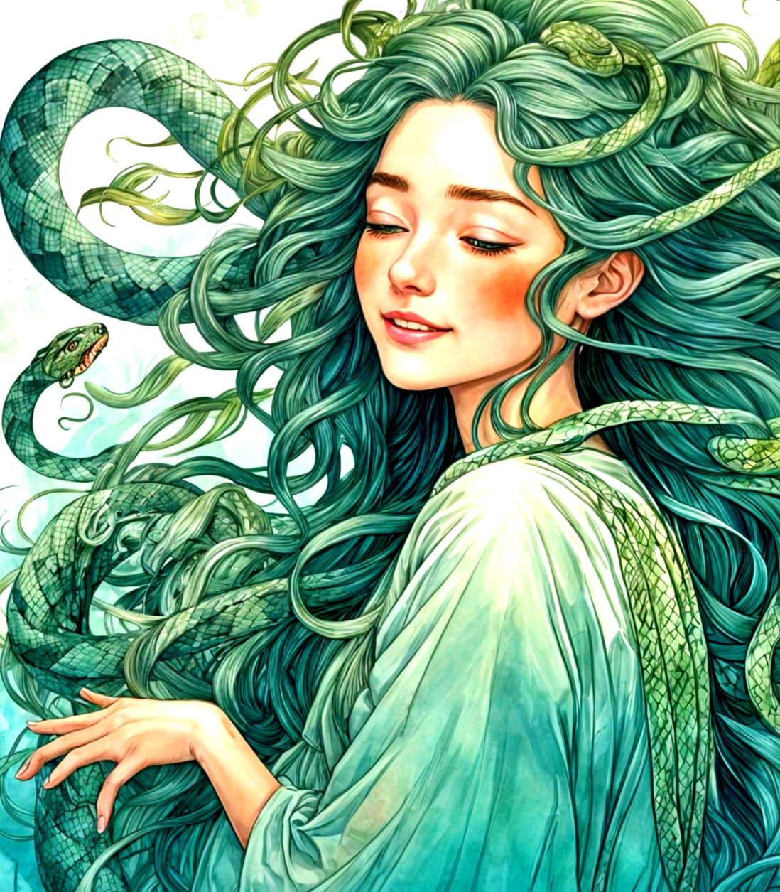 Medusa Embracing a Blind Girl in Vibrant 2D Art