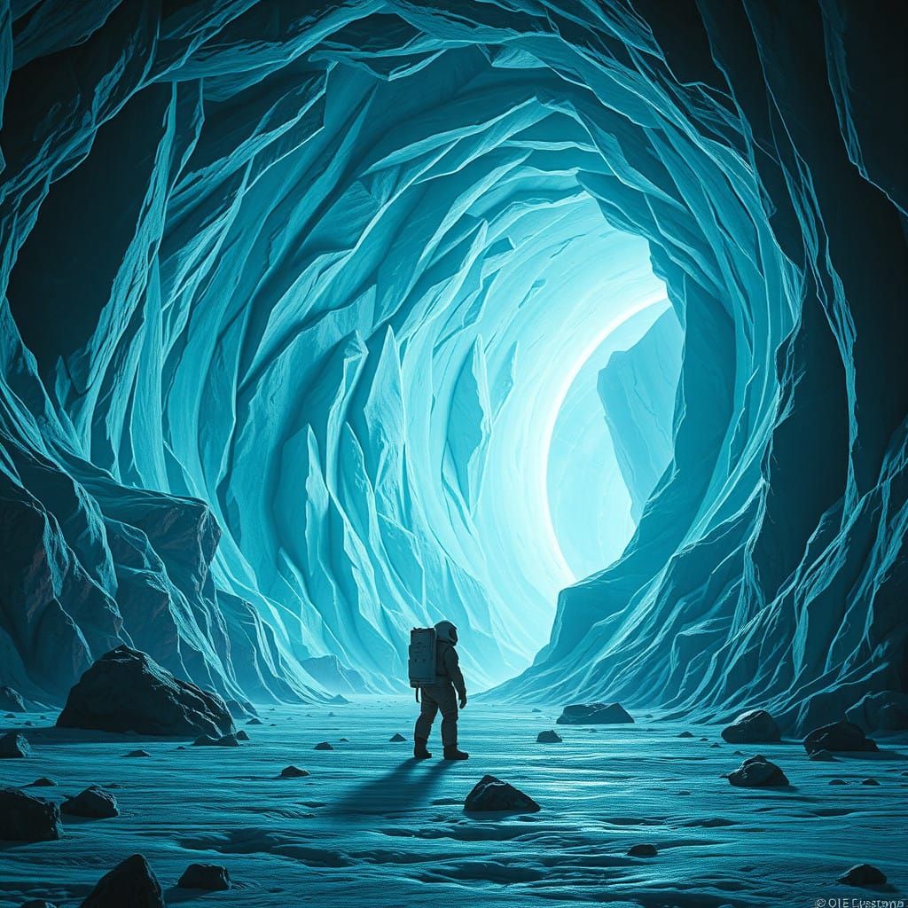 Aurora Tunnels on Icy Uranus Surface in Futuristic Landscape