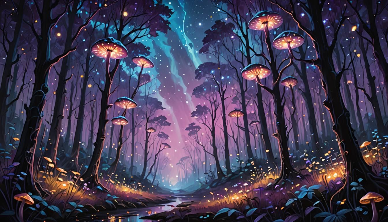 Ethereal Purple Forest at Night in Vibrant Oil Painting Styl...