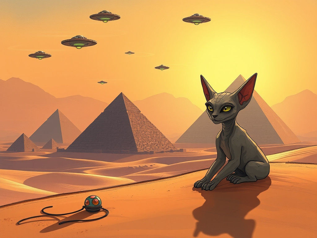 Whimsical UFOs Over Ancient Pyramids in a Doodle Fantasy Sce...