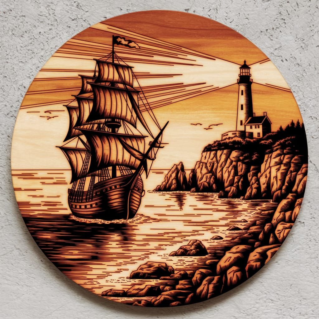 Pyrographed Pirate Ship Sailing to Lighthouse