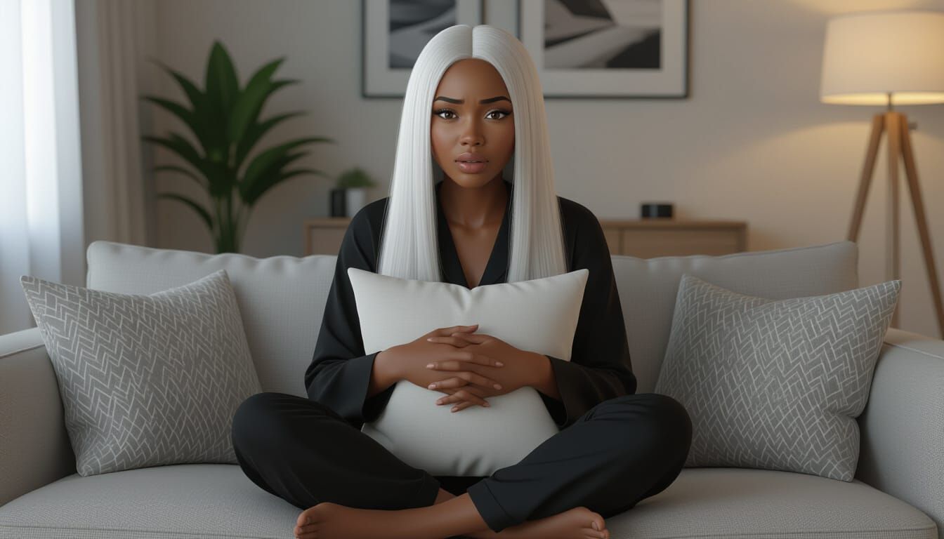 Terrified Woman on Couch in Hyperrealistic Animated Style