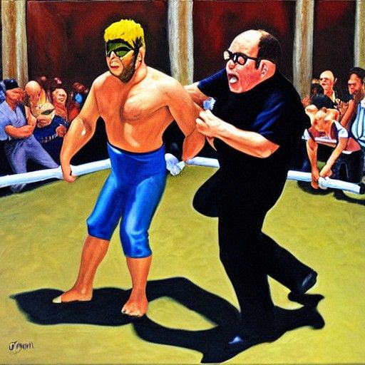 Man Stops Fighting Danny DeVito, Oil Painting