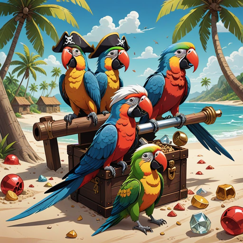 Pirate Parrots Find Buried Treasure: Vibrant Cartoon